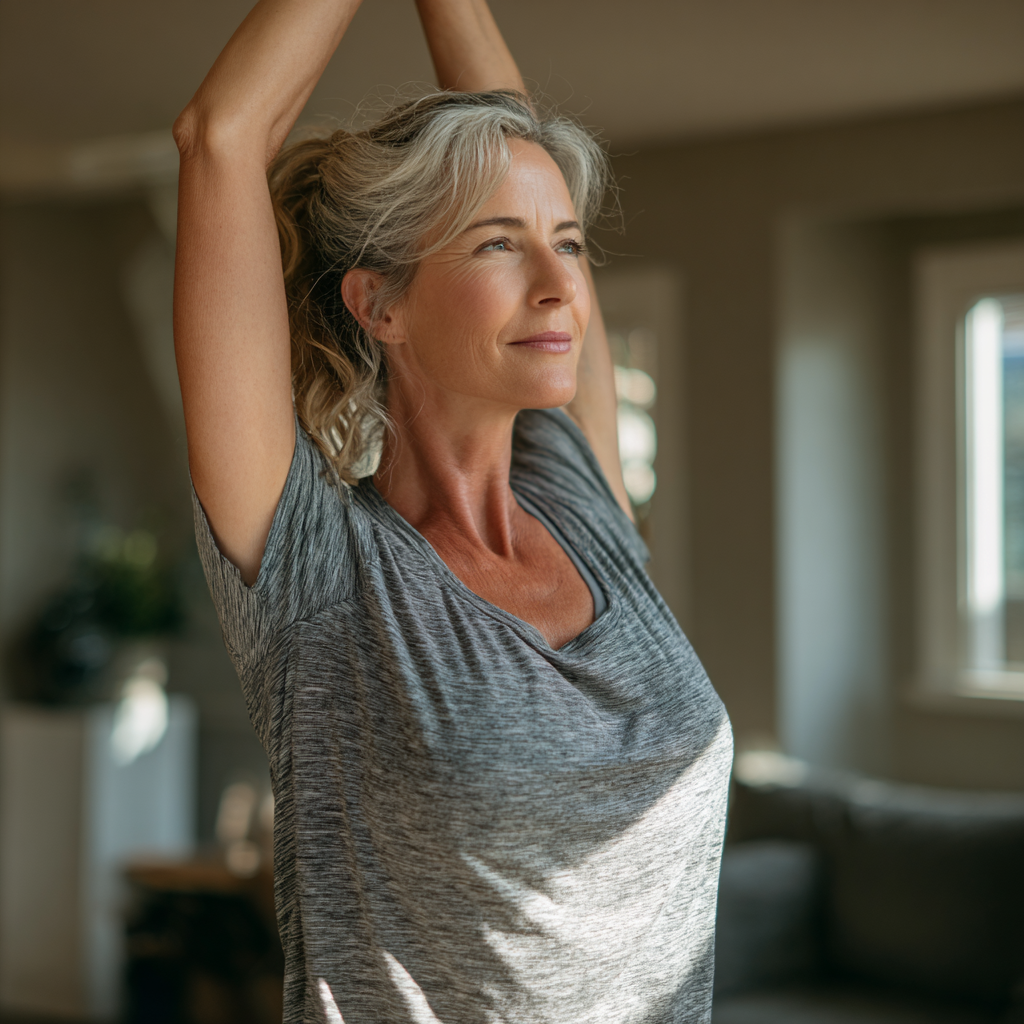 Middle-aged woman practicing gentle mobility exercises in natural light