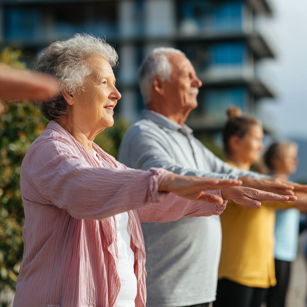 Older adults engaged in balanced movement training outdoors